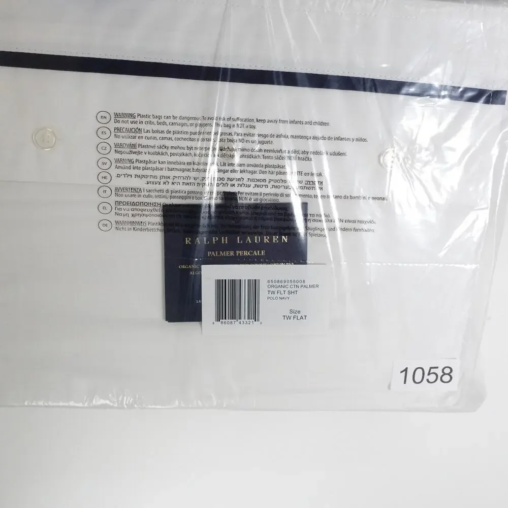New Ralph Lauren Organic Cotton Percale Palmer Twin Flat Sheet White/Polo Navy